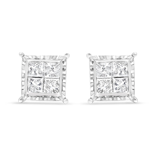 Bids.com 14K White Gold 1 1/2 Cttw Invisible Set Princess-Cut Diamond Contemporary Wavy Quad Stud Earrings (I-J Color, I1-I2 Clarity) Earrings