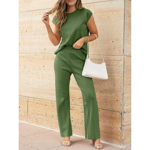 Round Neck Cap Sleeve Top and Pants Knit Set