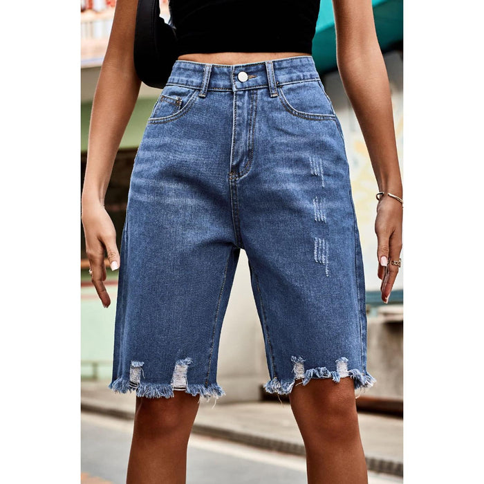 Raw Hem High Waist Denim Shorts with Pockets