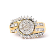 Bids.com 10K Yellow Gold 1 Cttw Round and Baguette cut Diamond Cluster Swirl Band Ring (H-I Color, I1-I2 Clarity) - Ring Size 7 Rings