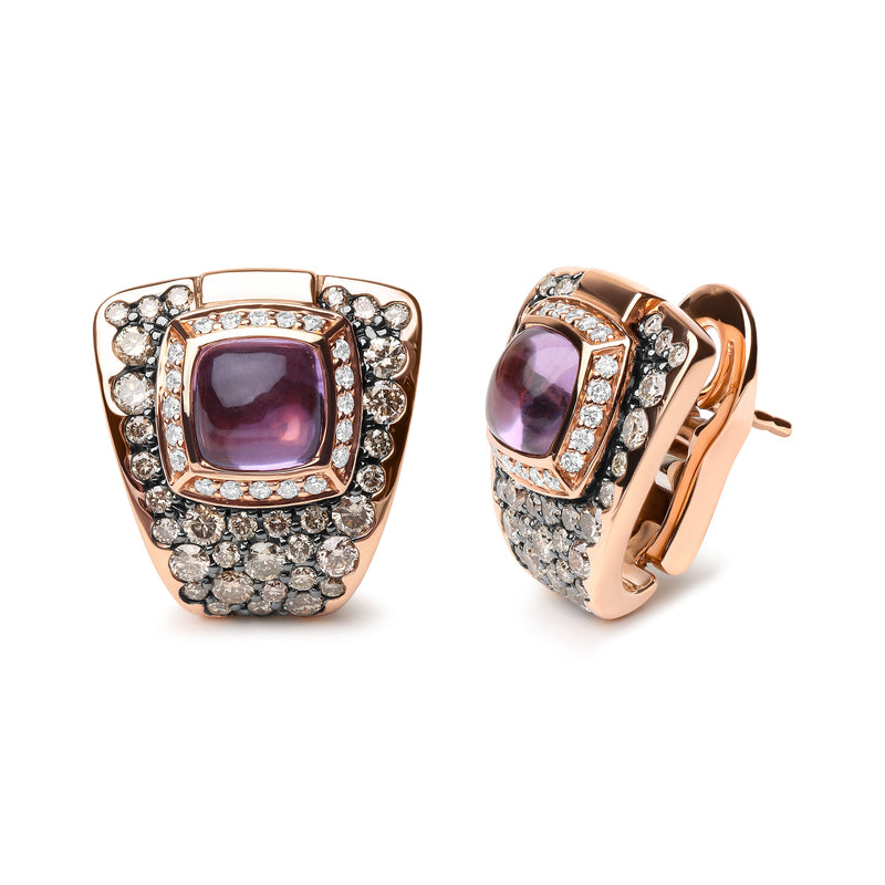 Bids.com 18K Rose Gold 1 1/2 Cttw Round Diamond and 7mm Cushion Cut Purple Amethyst Gemstone Geometrical Statement Stud Earrings (Brown and G-H Color, SI1-SI2 Clarity) Earrings