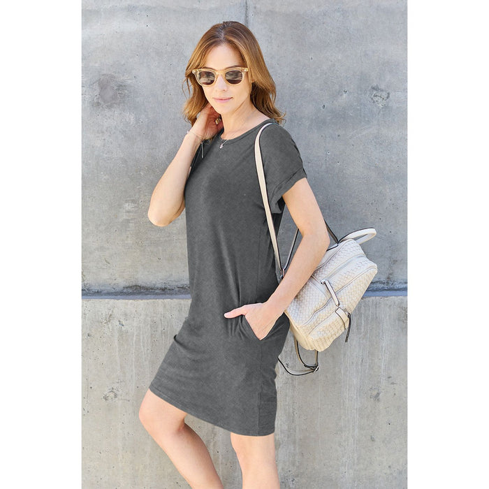 Round Neck Short Sleeve Dress with Pockets