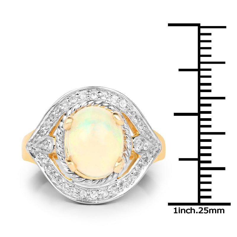 Bids.com 14K Yellow Gold Plated 1.88 Carat Genuine Ethiopian Opal and White Topaz .925 Sterling Silver Ring Rings