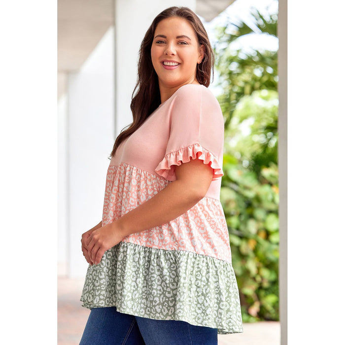 Ruffled Short Sleeve Leopard Splicing Flowy Plus Size Top