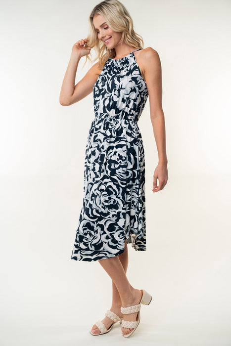 Tied Ruched Floral Sleeveless Knee Length Dress in Black