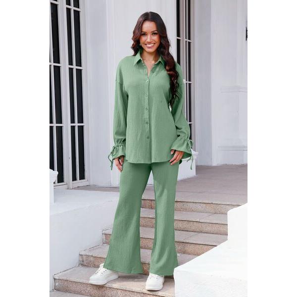 Drawstring Flounce Sleeve Shirt and Pants Set