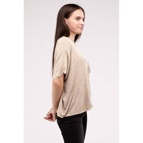 Washed Ribbed Cuffed Short Sleeve Round Neck Top