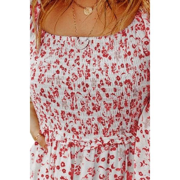 Smocked Floral Square Neck Balloon Sleeve Dress