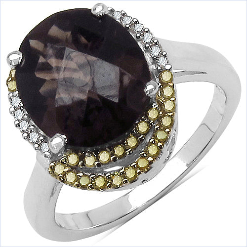 Bids.com 4.12 Carat Genuine Smoky Quartz and 0.28 ct.t.w Genuine Diamond Accents Sterling Silver Ring Rings