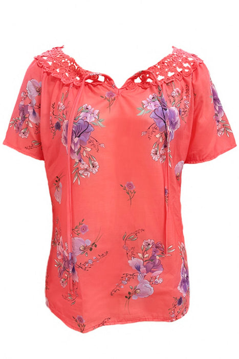 Printed Tie Neck Short Sleeve Blouse