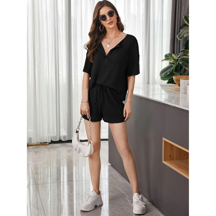 Waffle-Knit Dropped Shoulder Top and Shorts Set