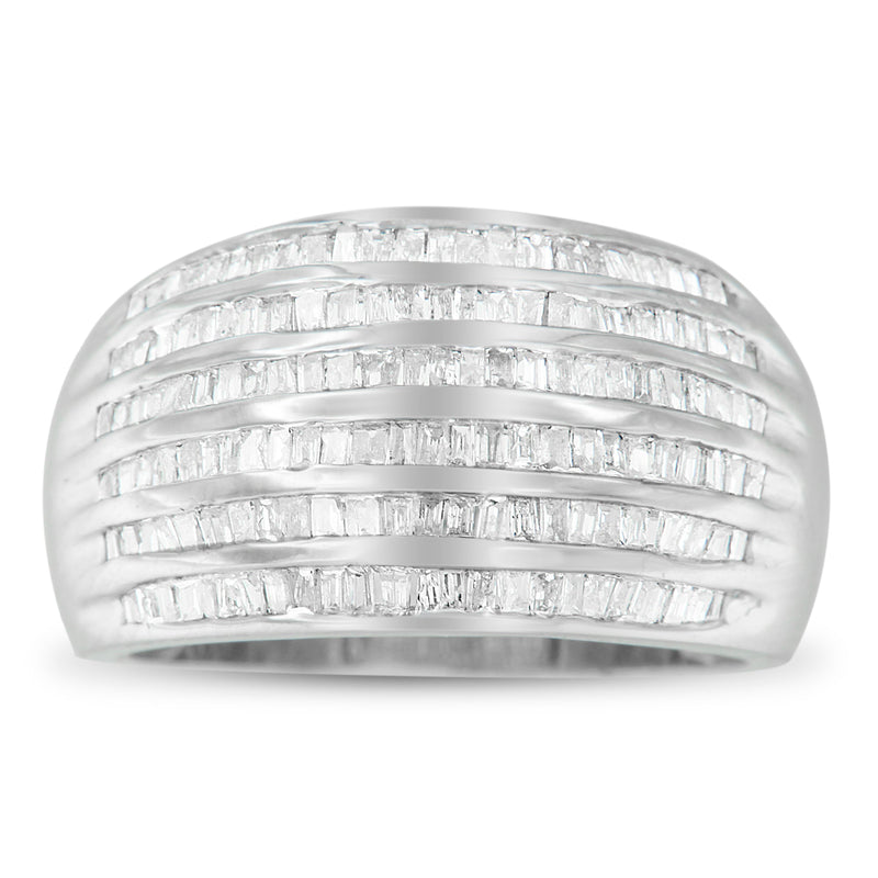 Bids.com .925 Sterling Silver 1.0 Cttw Baguette-Cut Diamond 6-Row Channel Set Domed Tapered Cocktail Fashion Ring (H-I Color, I2-I3 Clarity) - Size 6-1/2 Rings