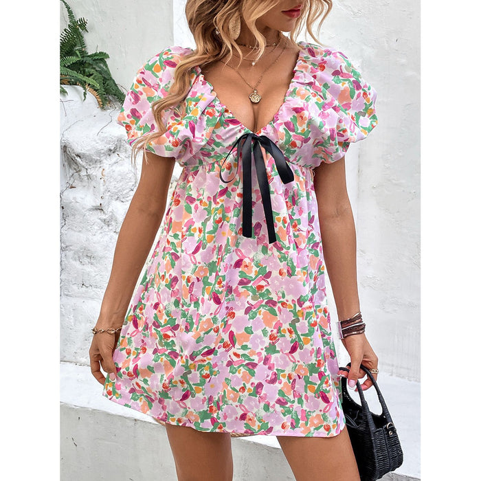 Printed V-Neck Puff Sleeve Mini Dress