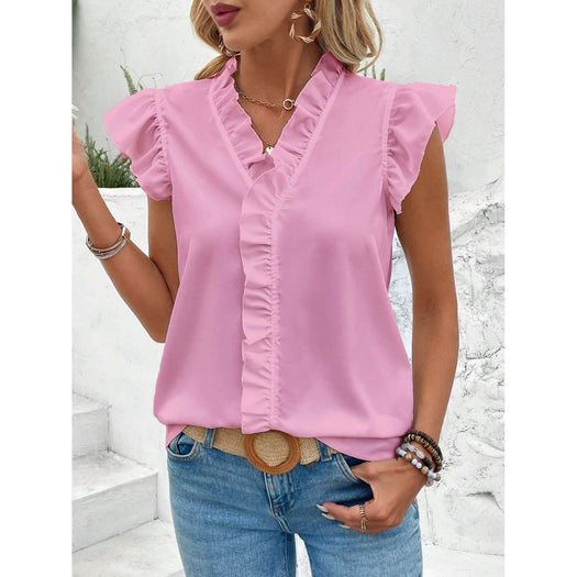 Ruffled V-Neck Cap Sleeve Blouse