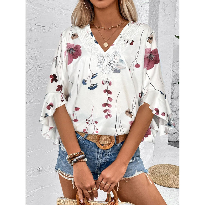 Ruffled Printed V-Neck Half Sleeve Blouse