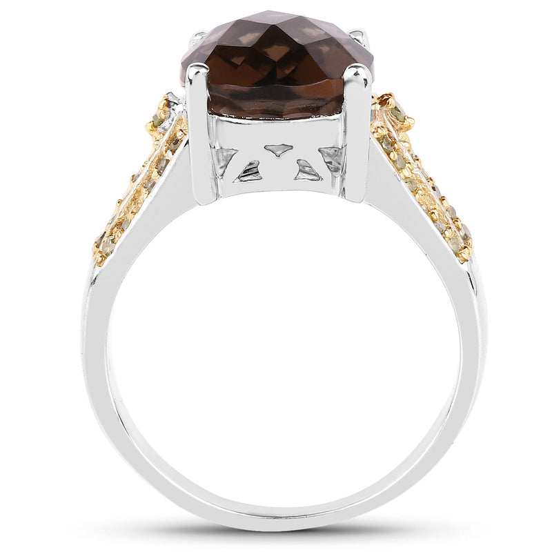 Bids.com 4.87 Carat Genuine Smoky Quartz and Yellow Diamond .925 Sterling Silver Ring Rings