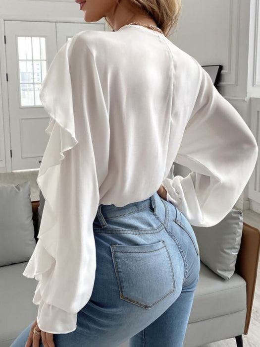 Ruffled V-Neck Button Down Flounce Sleeve Blouse