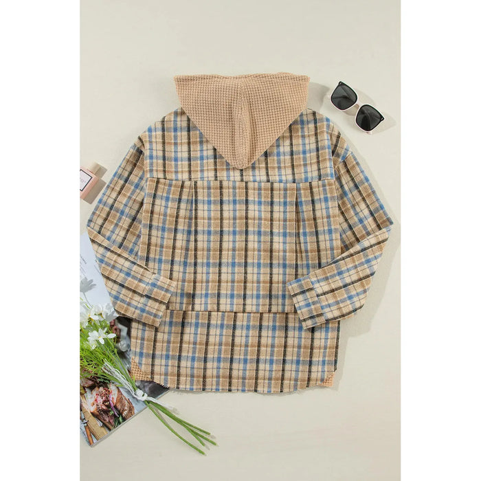 Drawstring Plaid Button Up Hooded Shacket