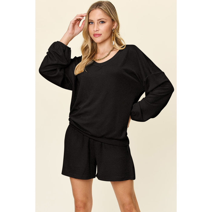 Texture V-Neck Long Sleeve T-Shirt and Shorts Set