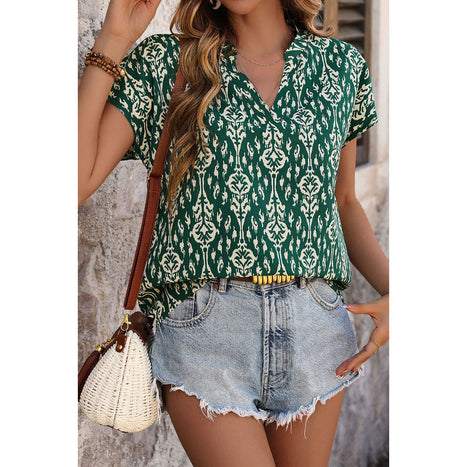 Printed Notched Short Sleeve Blouse