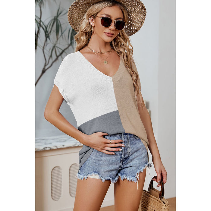 Color Block V-Neck Short Sleeve Knit Top