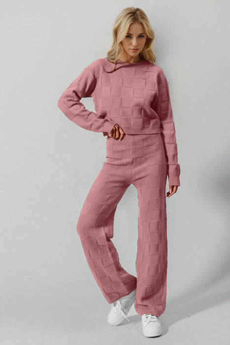 Full Size Checkered Round Neck Top and Pants Set