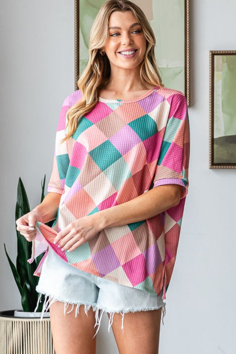 HOPELY Multi Colored Argyle Side Slit T-Shirt