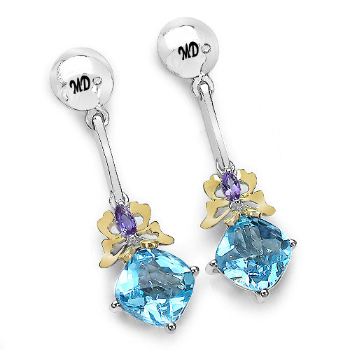 Bids.com 5.55 Carat Genuine Blue Topaz, Amethyst & White Diamond .925 Sterling Silver Earrings Earrings White Smoke