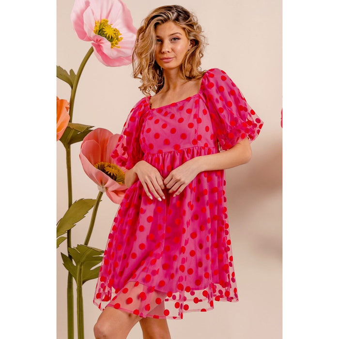 Polka Dot Mesh Puff Sleeve Dress