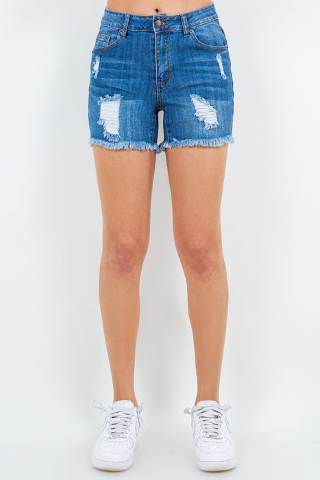 High Waist Distressed Frayed Denim Shorts in Blue