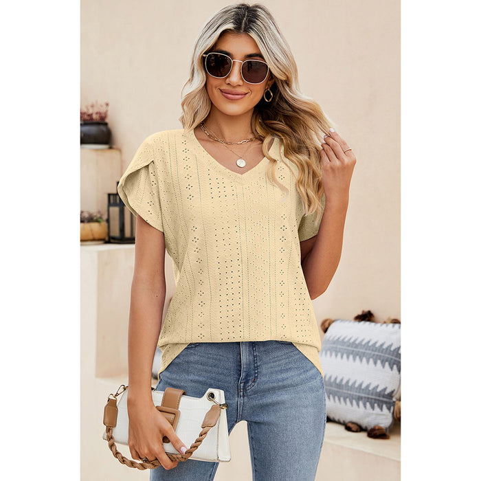 Eyelet V-Neck Petal Sleeve T-Shirt