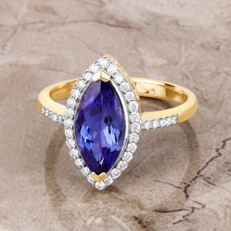 Bids.com 2.33 Carat Genuine Tanzanite and White Diamond 14K Yellow Gold Ring Rings