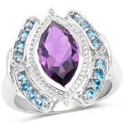 Bids.com 3.06 Carat Genuine Amethyst and London Blue Topaz .925 Sterling Silver Ring Rings