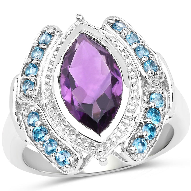 Bids.com 3.06 Carat Genuine Amethyst and London Blue Topaz .925 Sterling Silver Ring Rings