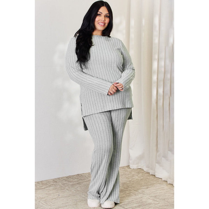 Basic Bae Ribbed High-Low Top and Wide Leg Pants Set