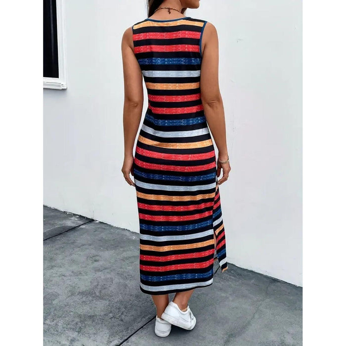 Slit Printed Round Neck Sleeveless Dress