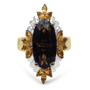 Bids.com 14K Yellow Gold Plated 7.07 Carat Genuine Smoky Quartz, Citrine & White Diamond .925 Sterling Silver Ring Rings