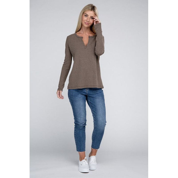 Melange Baby Waffle V-Neck Long Sleeve Top