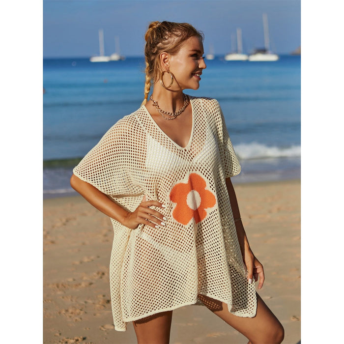 Openwork Flower V-Neck Short Sleeve Cover Up