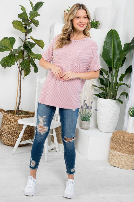 Plus Two Tone Rib Stripe Basic Top