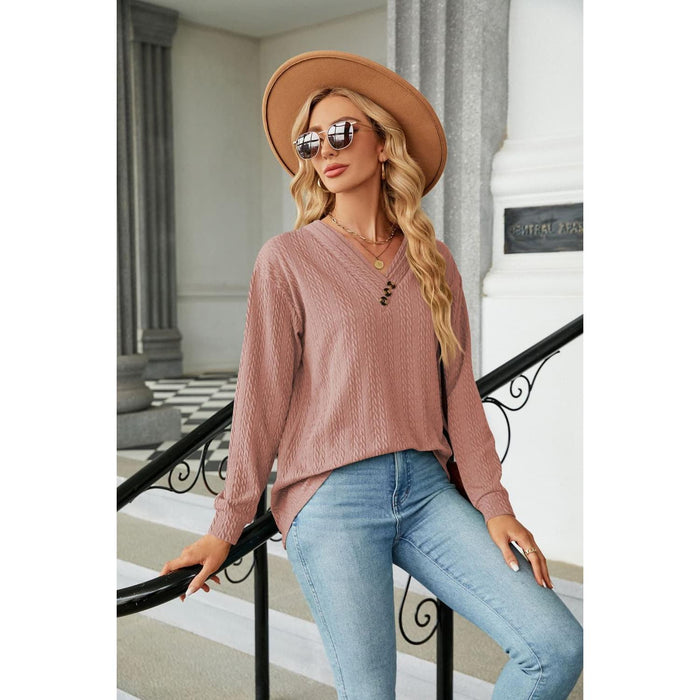 Decorative Button V-Neck Long Sleeve T-Shirt