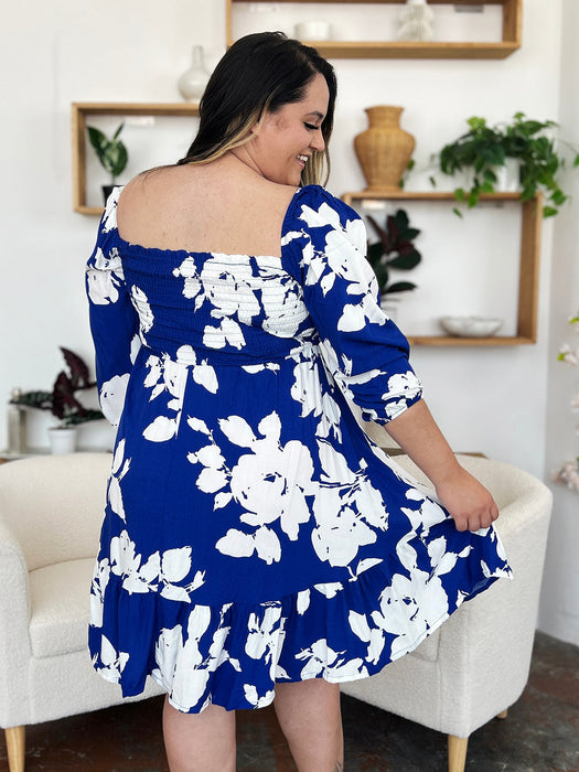 Floral Ruffle Hem Smocked Dress in Royal Blue