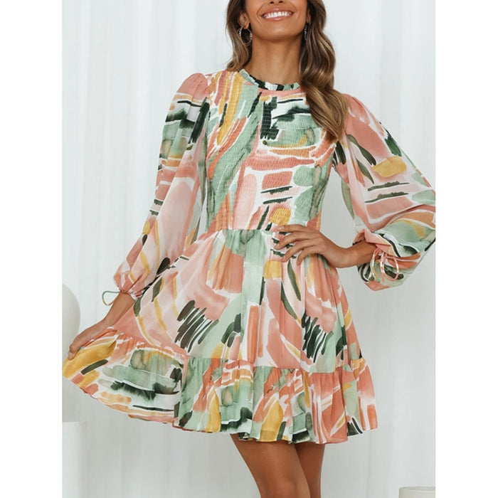 Printed Mock Neck Balloon Sleeve Mini Dress