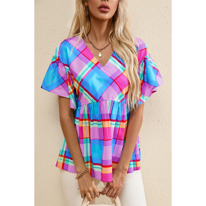 Plaid V-Neck Short Sleeve Blouse