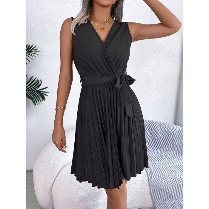 Tied Surplice Sleeveless Pleated Dress