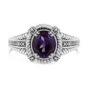 Bids.com .925 Sterling Silver Prong Set Natural Oval Shape 9X7 MM Purple Amethyst Solitaire and Diamond Accent Ring (I-J Color, I1-I2 Clarity) - Ring Size 7 Rings