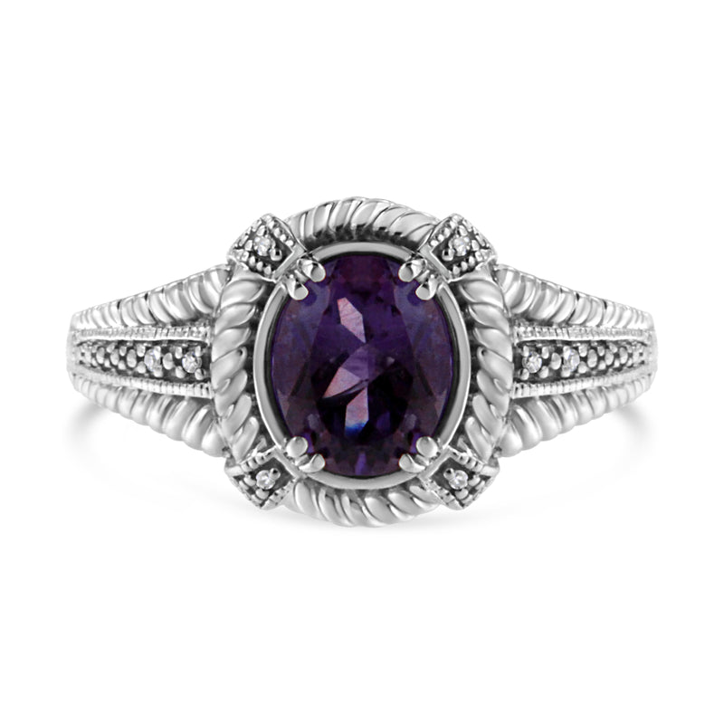 Bids.com .925 Sterling Silver Prong Set Natural Oval Shape 9X7 MM Purple Amethyst Solitaire and Diamond Accent Ring (I-J Color, I1-I2 Clarity) - Ring Size 7 Rings