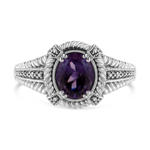 Bids.com .925 Sterling Silver Prong Set Natural Oval Shape 9X7 MM Purple Amethyst Solitaire and Diamond Accent Ring (I-J Color, I1-I2 Clarity) - Ring Size 7 Rings