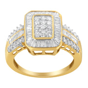 Bids.com 10K Yellow Gold Round and Baguette-Cut Diamond Cluster Ring (1.0 Cttw, I-J Color, SI1-SI2 Clarity) - Size 7 Rings