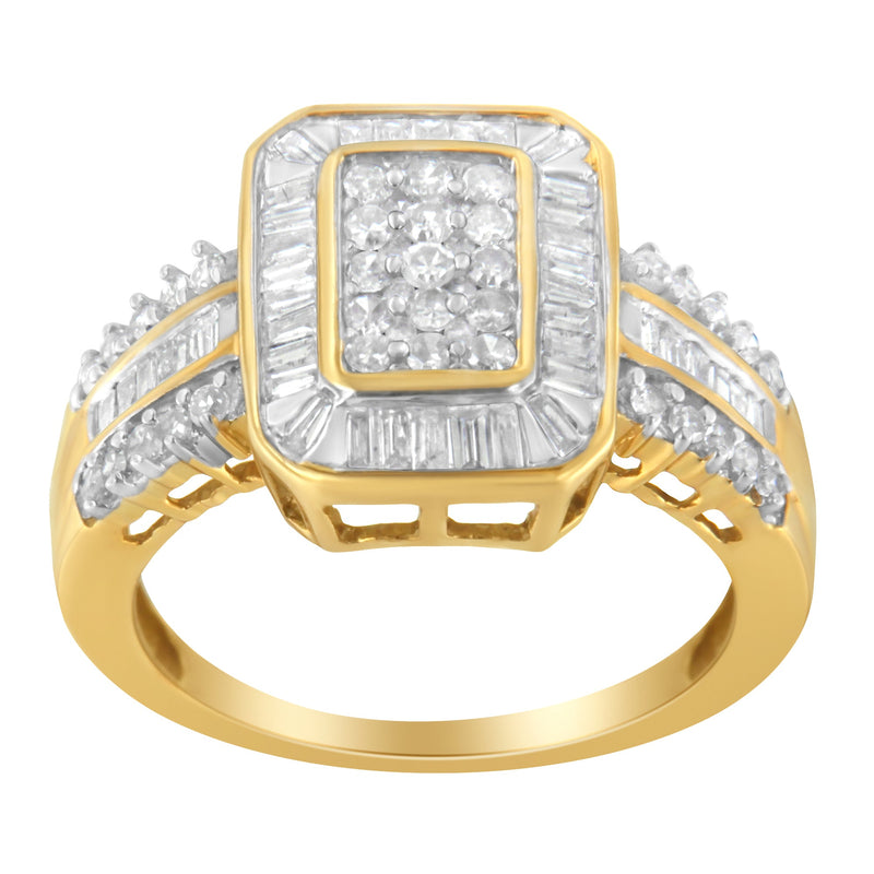 Bids.com 10K Yellow Gold Round and Baguette-Cut Diamond Cluster Ring (1.0 Cttw, I-J Color, SI1-SI2 Clarity) - Size 7 Rings
